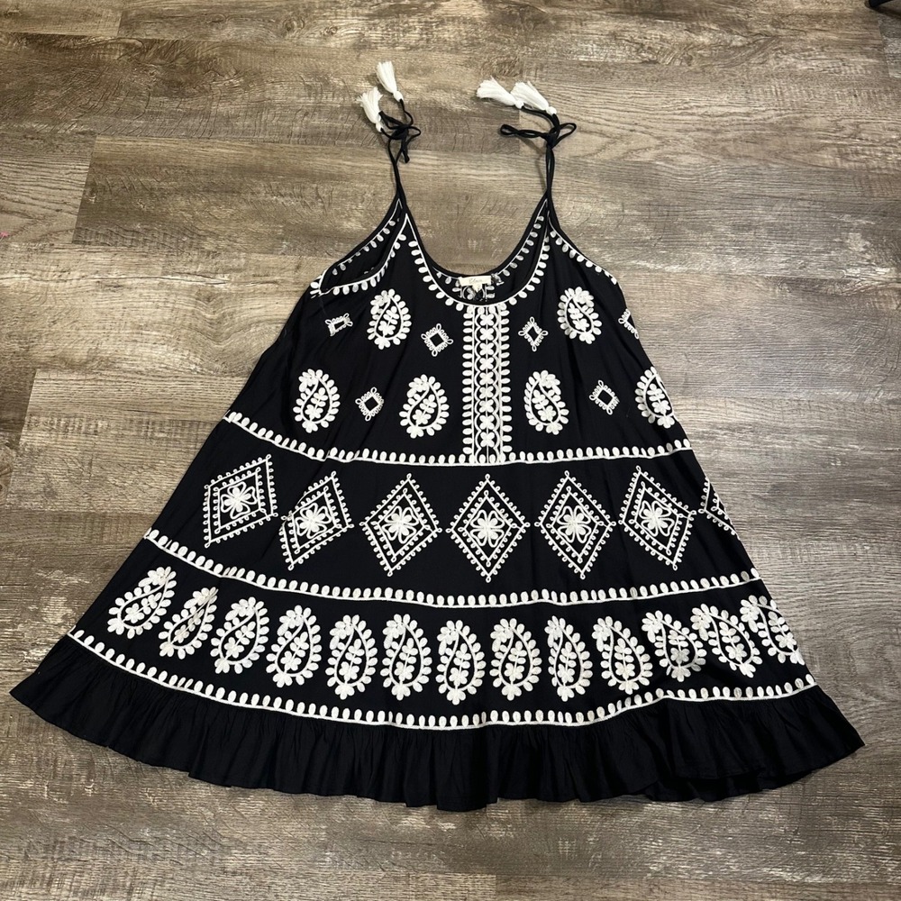 Elan Womens‎ Black White Embroidered Tassel Mini Dress RYE5813 Large NWT